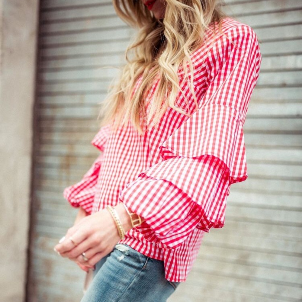 Red & White Gingham Ruffle Sleeve Top